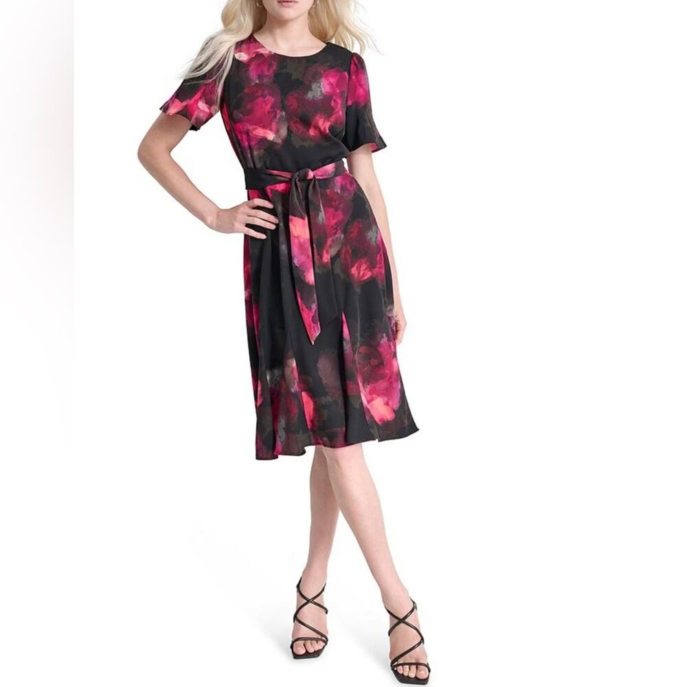Donna Karan DKNY Printed Woven Crew Neck Short Godet Sleeve A-Line Dress Size 10 - Picture 2 of 5